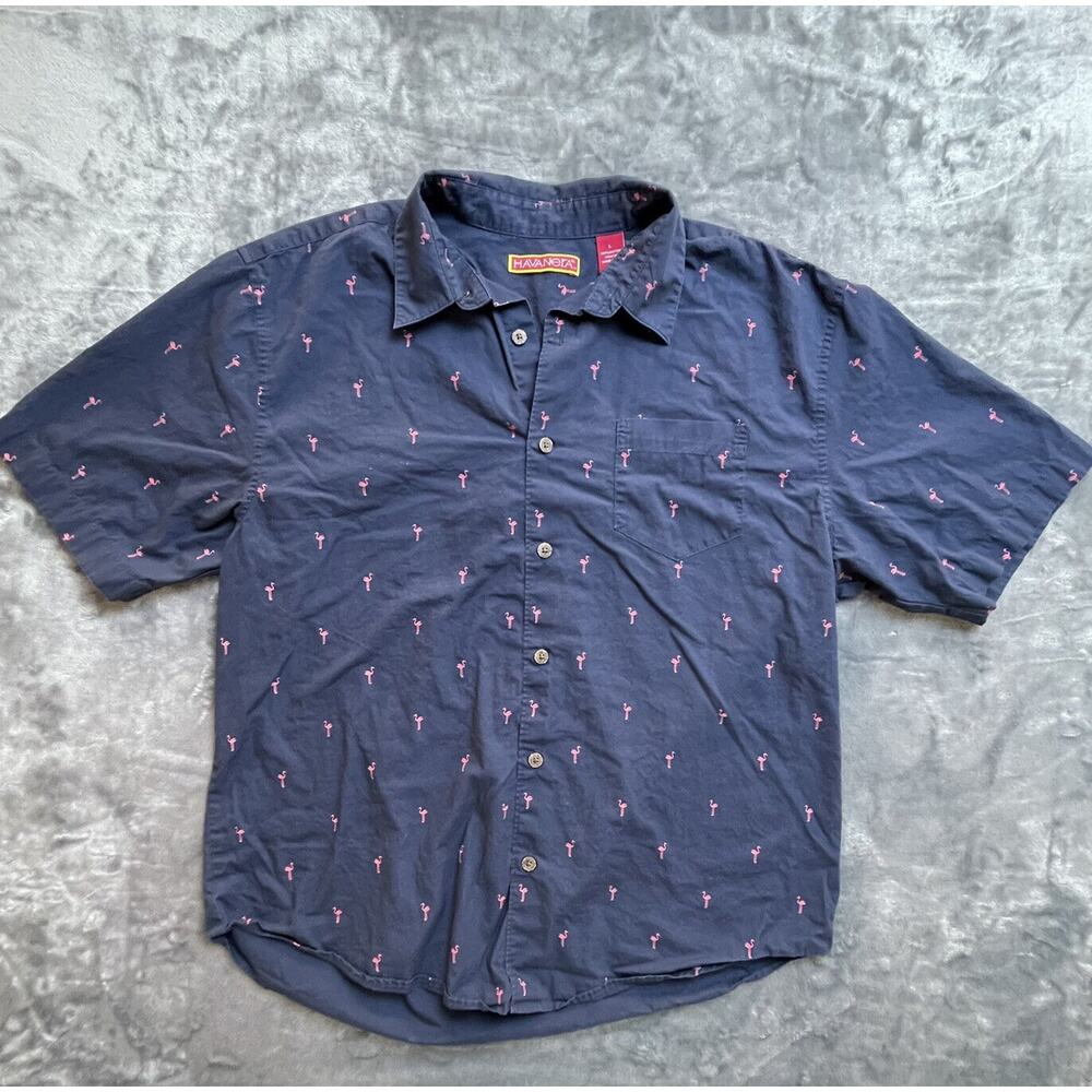 Havanera Shirt‎ Mens Large Blue Pink Flamingo Fun Preppy Party